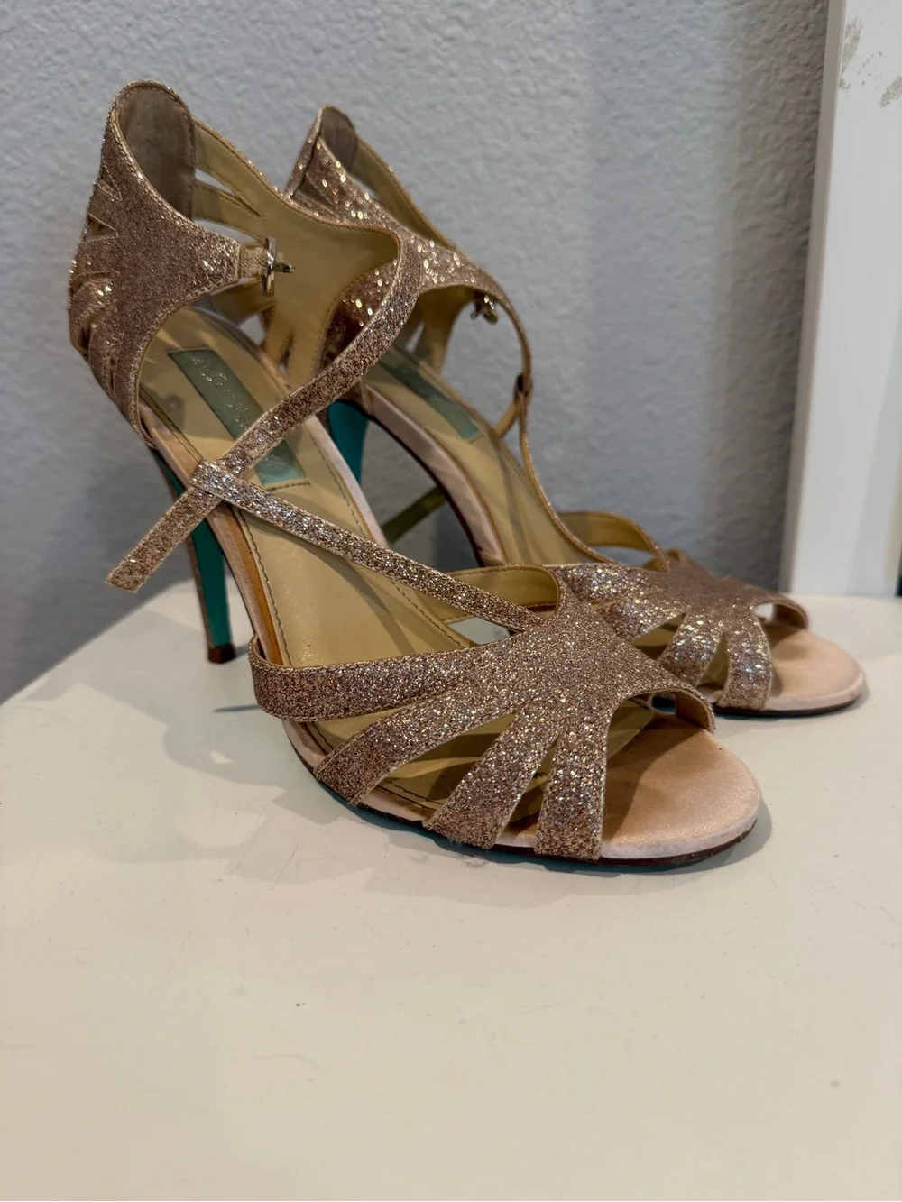 Betsey Johnson Rose Gold Glitter Strappy Heels